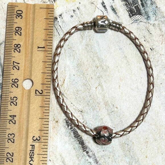 Pandora Sterling Silver Braided Leather Bracelet With Floral Pink Enamel Charm - Picture 11 of 16